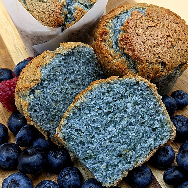 Butterfly pea, olive oil, and lemon muffins