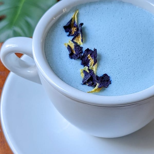 Cup of blue chai with butterfly pea garnish