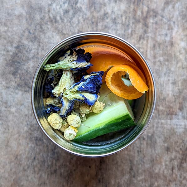 Butterfly pea and chamomile infusion cucumber and mandarin